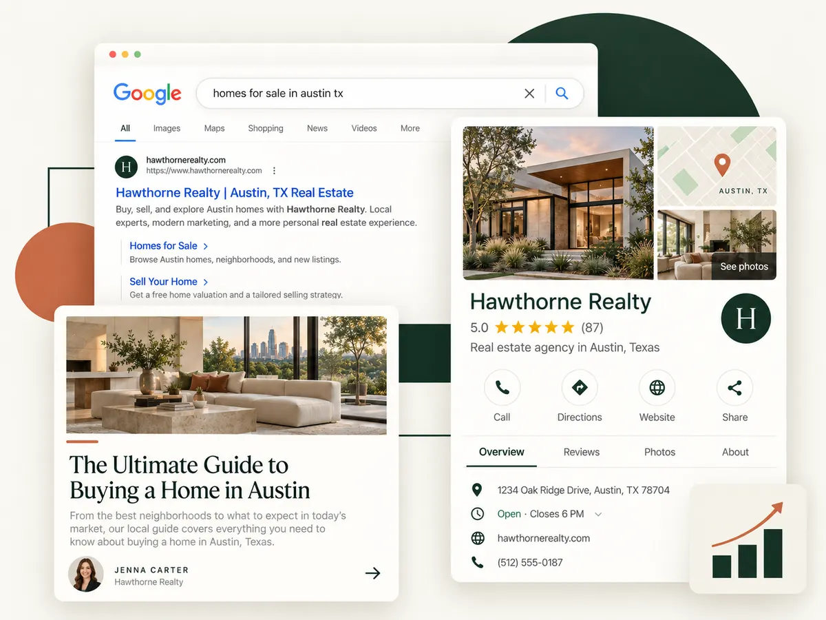 Hawthorne Realty Google Business Profile, SEO content and search visibility mockup