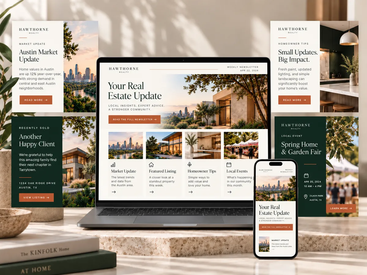 Hawthorne Realty weekly newsletter shown on desktop and mobile